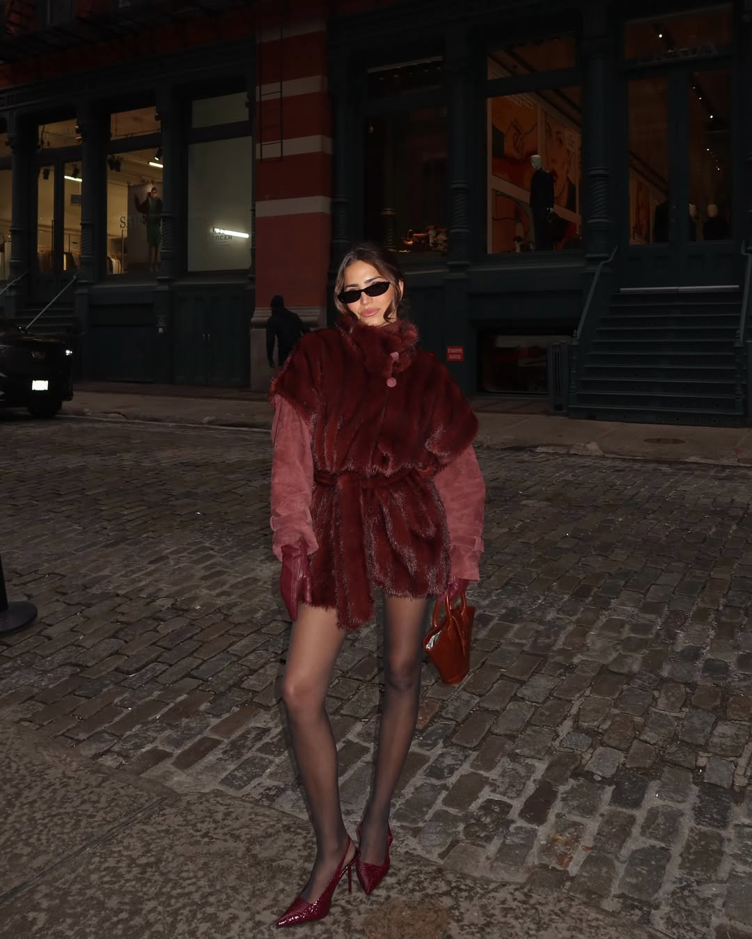 Glamorous Faux Fur Mini Dress with Red Accents Glamorous Faux Fur Mini Dress with Red Accents — Winter Date Night Outfits
