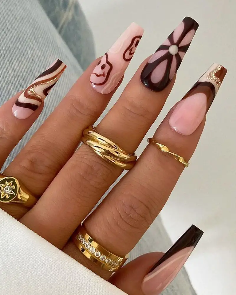 Extra Long Coffin with Playful Brown & Pink Designs — Brown Nail Designs