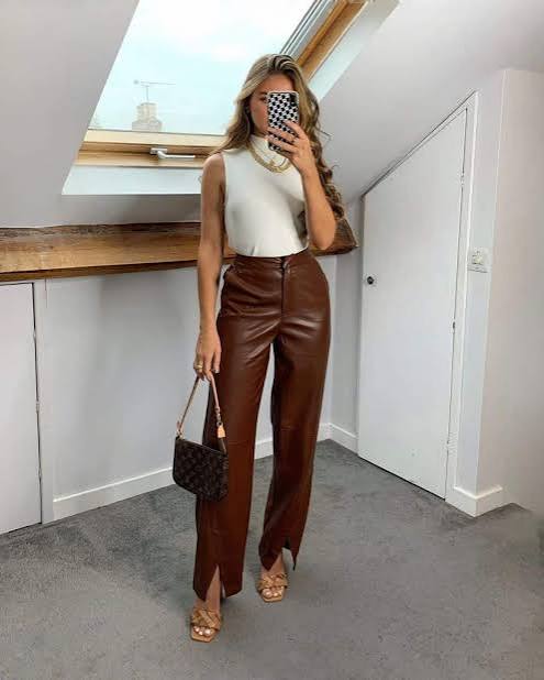 Chic Day Out Brown Leather Pants with Slitted Hem — Leather Pants Outfits