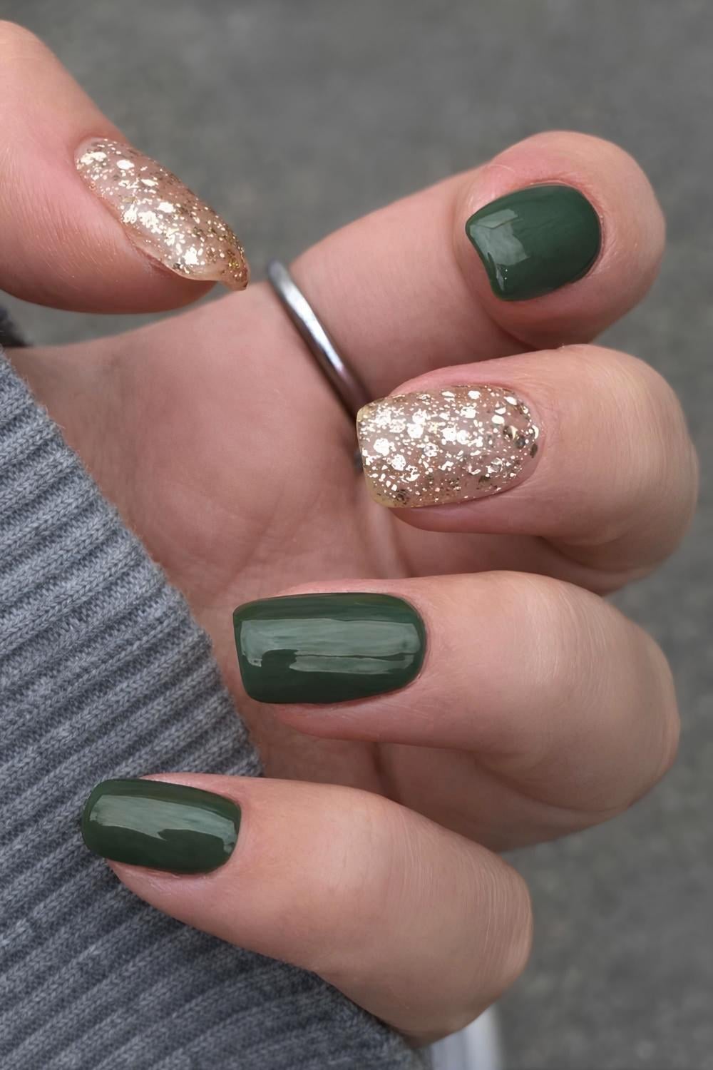 Forest Green Gold Glitter Accent Square — Winter Dip Powder Nails