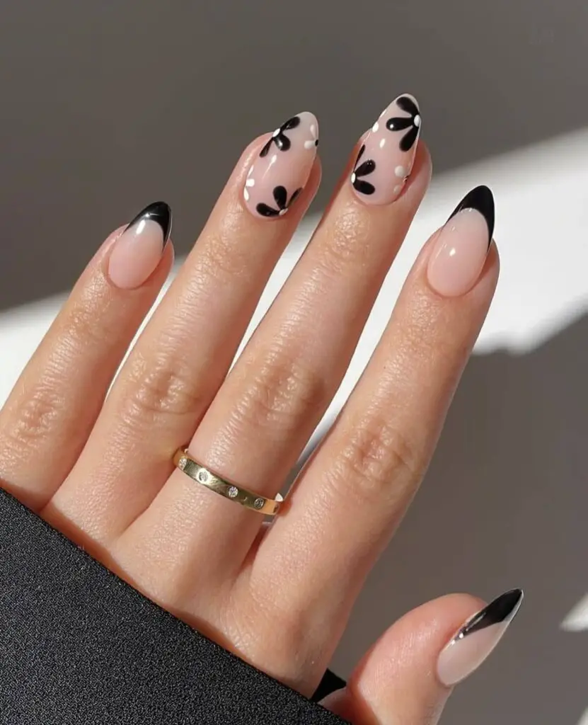 Medium Almond French with Black Floral Accents Medium Almond French with Black Floral Accents — Black Nail Ideas