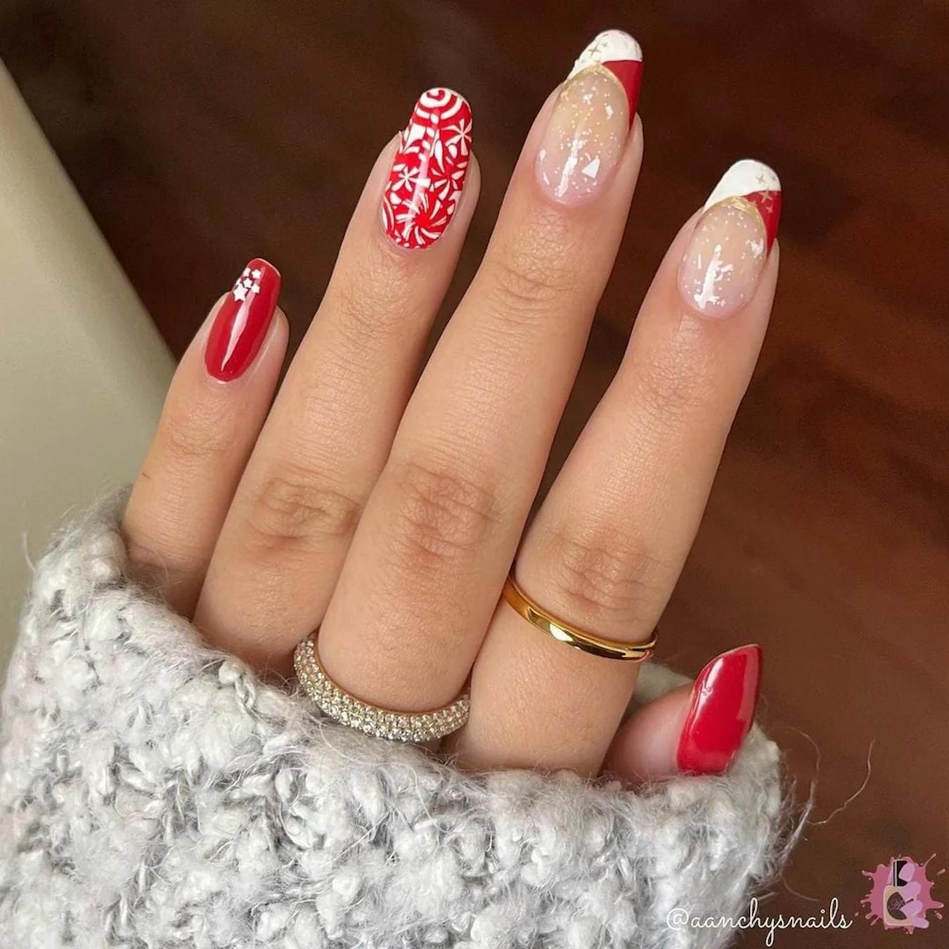 Red and White Snowflake Almond Nails Red and White Snowflake Almond Nails — Winter Acrylic Nails