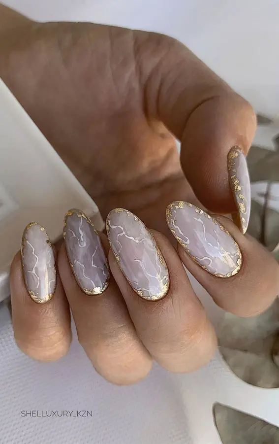 Pale Grey & White Marble With Gold Foil — Neutral Winter Nails
