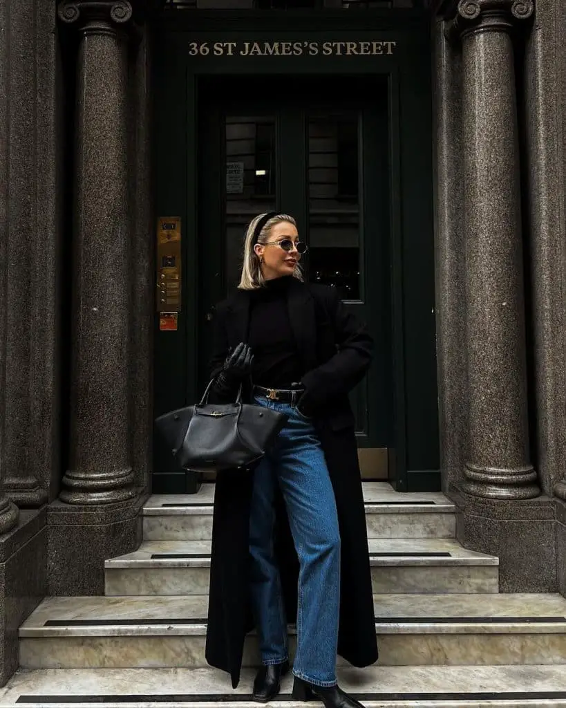 Monochromatic Black Ensemble with Long Wool Coat — Scandinavian Winter Outfits