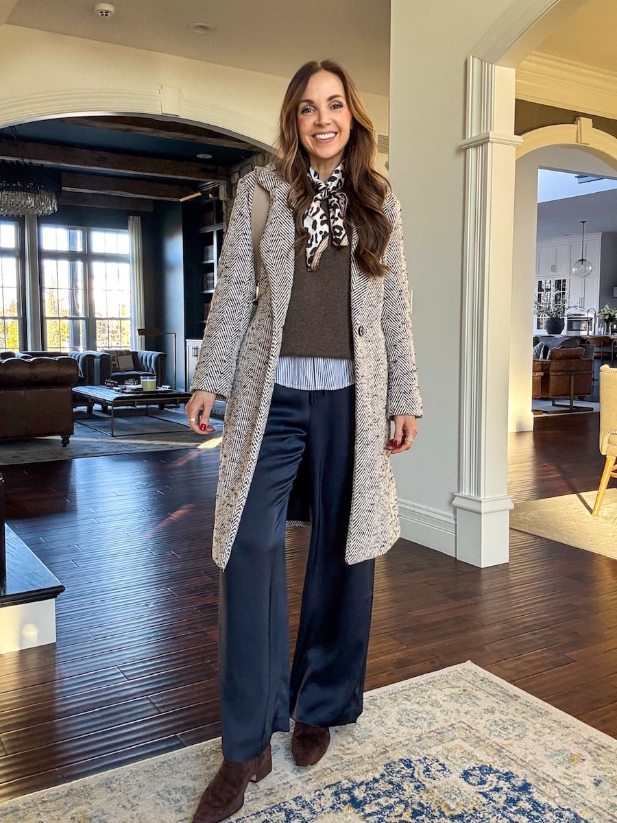 Textured Layers: Patterned Coat over Silk Trousers Textured Layers: Patterned Coat over Silk Trousers — Winter Work Outfits