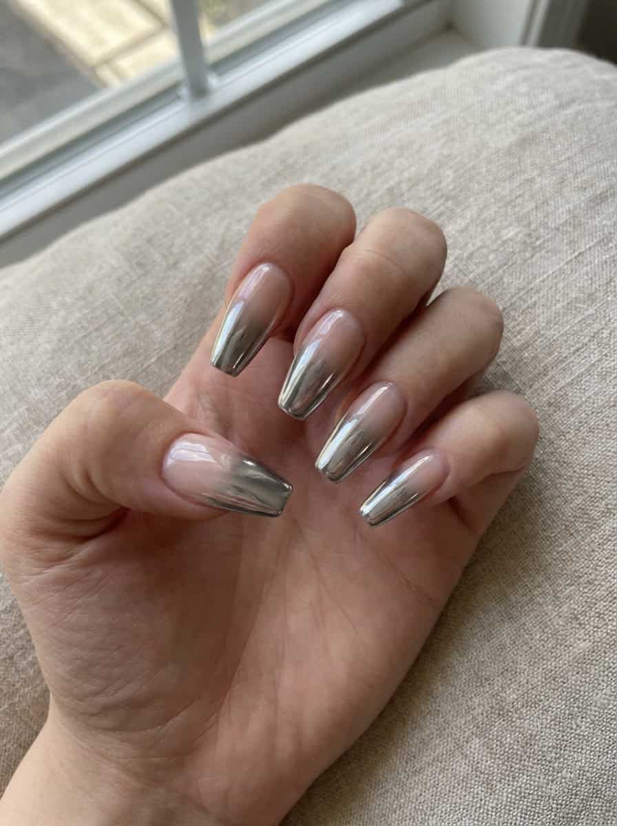 Silver Chrome Gradient Coffin Nails — Chrome Nail Designs