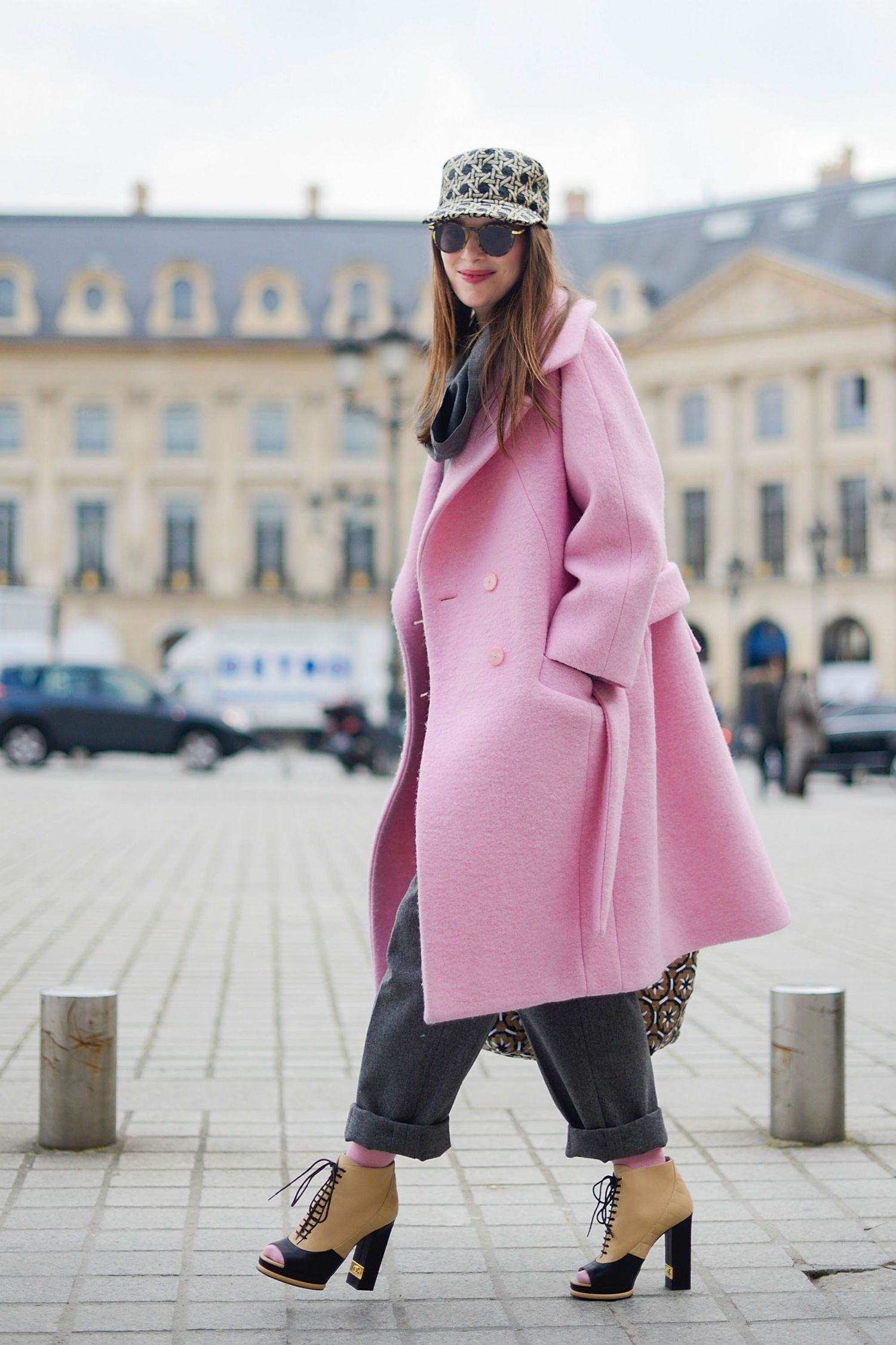 Vibrant Pink Wool Coat with Wide-Leg Trousers — Car Coat Outfits