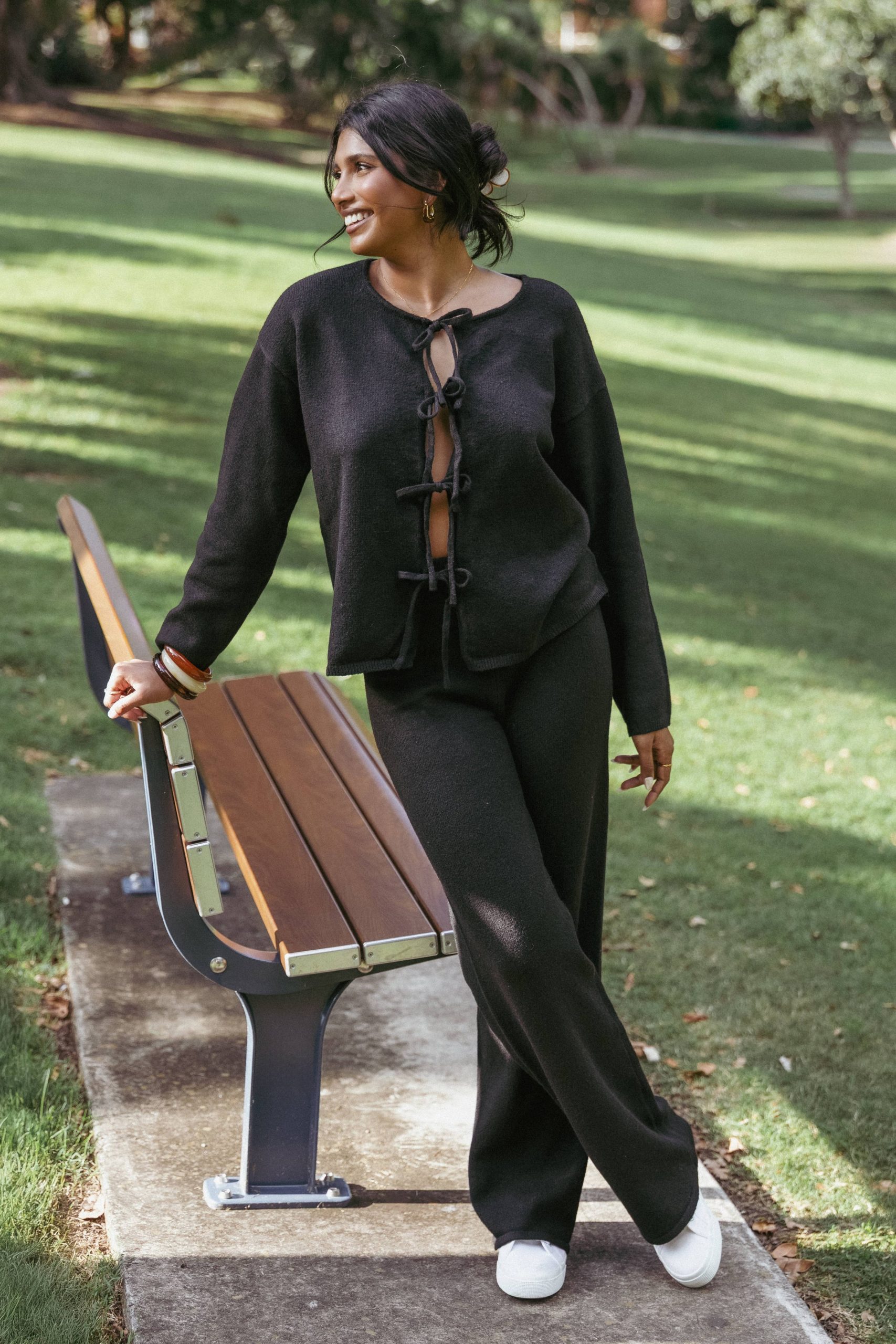 Black Tie-Front Cardigan and Wide-Leg Pant Knit Set Black Tie-Front Cardigan and Wide-Leg Pant Knit Set — Knit Set Outfits