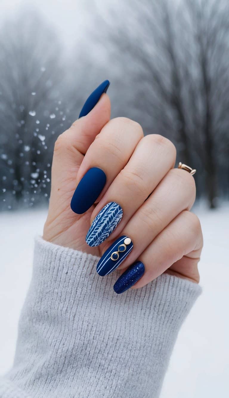 Navy Matte With Geometric Gold Studs Navy Matte With Geometric Gold Studs — Winter Matte Nails