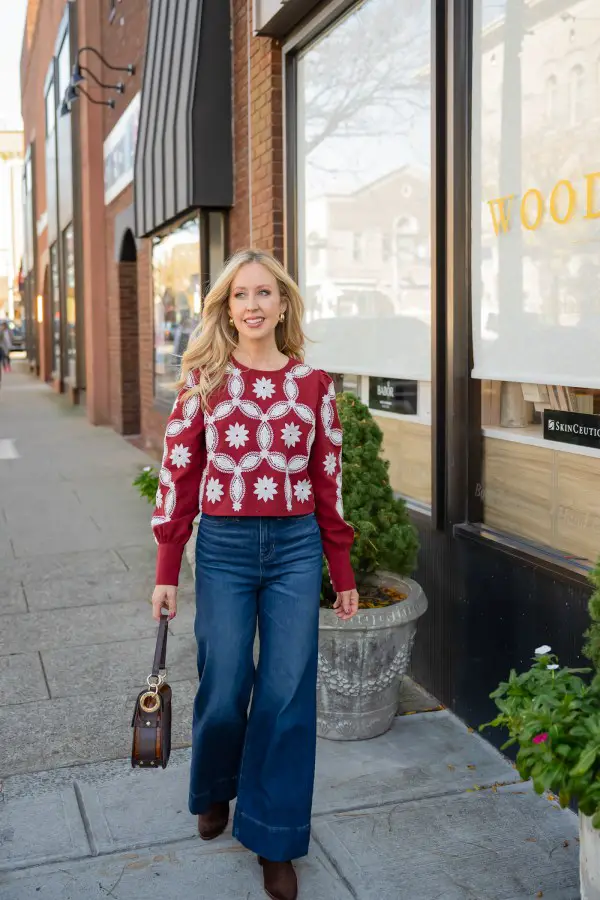Embroidered Sweater with Red Accents Embroidered Sweater with Red Accents — Winter Outfits with Wide Leg Jeans