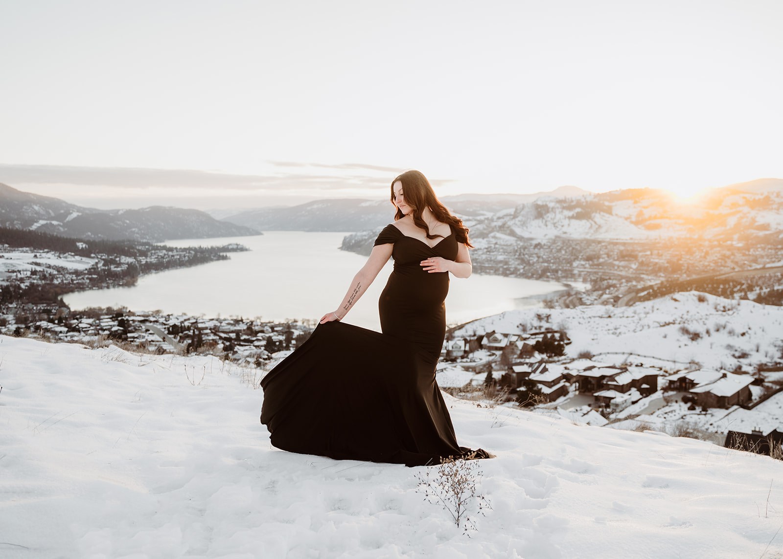 Striking Black Off-Shoulder Gown for a Sunset Winter Shoot — Winter Photoshoot Outfits