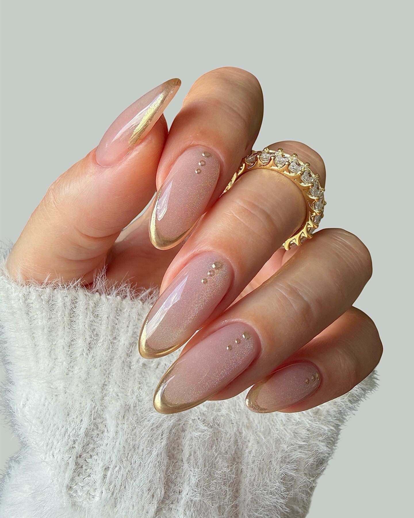 Sheer Pink With Gold French Tips and Bead Accents Sheer Pink With Gold French Tips and Bead Accents — Neutral Nail Colors