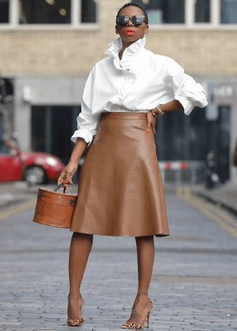 Polished Casual: Brown Leather Midi with Ruffled Blouse Polished Casual: Brown Leather Midi with Ruffled Blouse — Leather Skirt Outfits