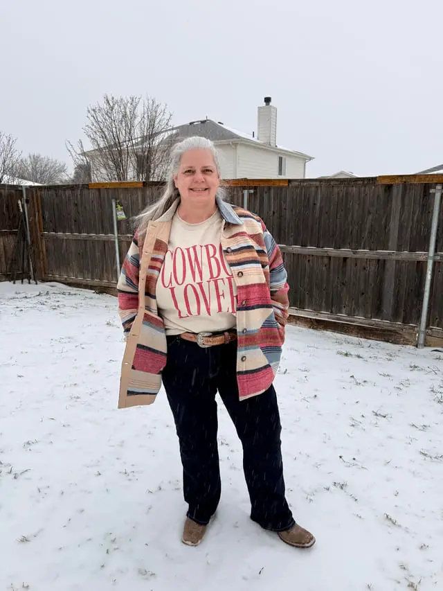 Striped Jacket and Cowboy Boots for an Unexpected Snow Day — Snow Day Outfits