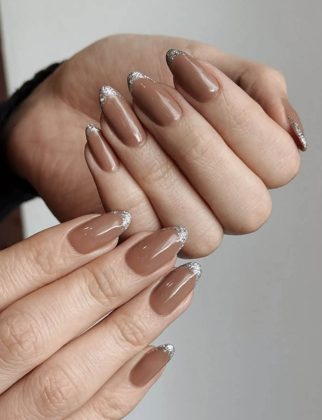 Silver Glitter French Tips Visual Idea Silver Glitter French Tips Visual Idea — Chocolate Brown Nails
