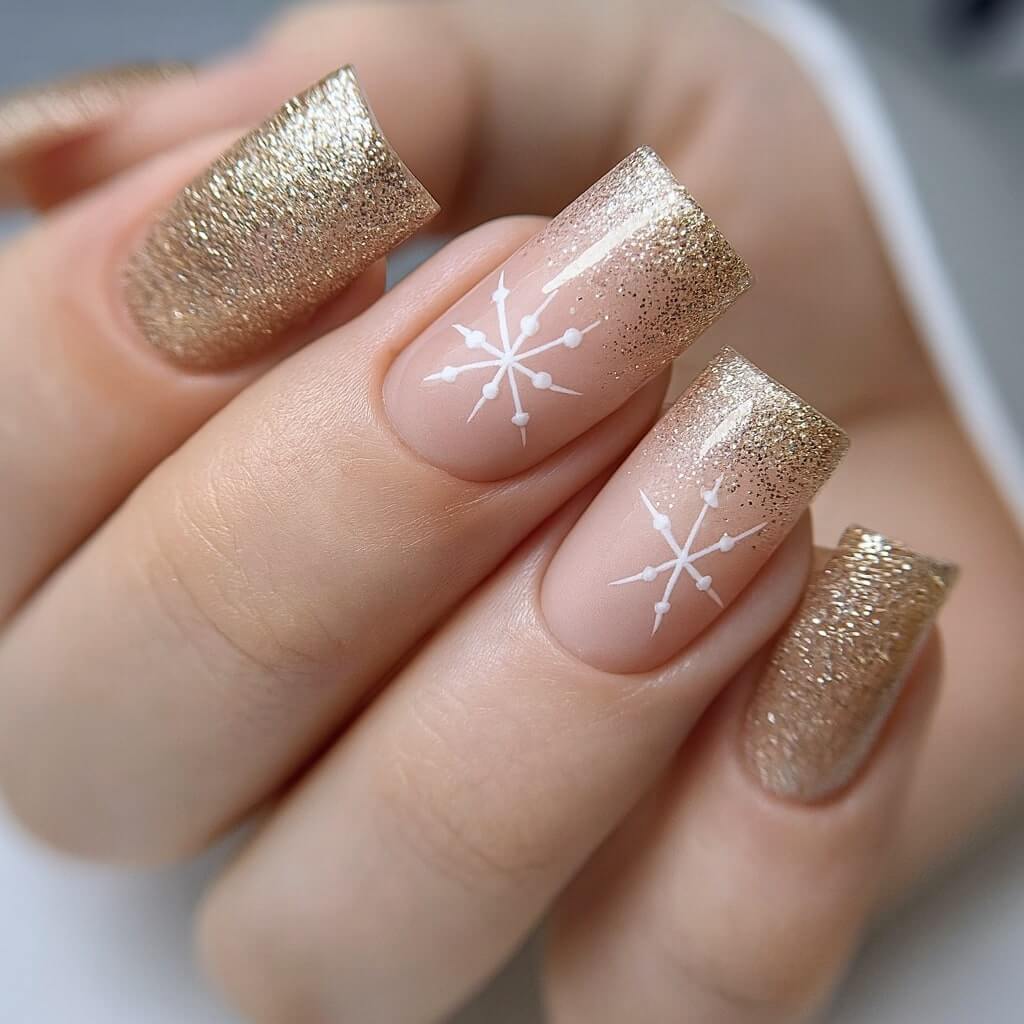 Nude Gold Glitter Ombre Snowflake Nails Nude Gold Glitter Ombre Snowflake Nails — Winter Square Nails