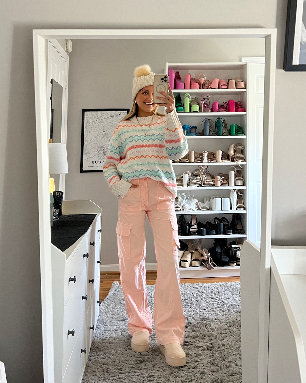 Pastel Striped Sweater, Pink Cargo Pants, and Platform Clogs Pastel Striped Sweater, Pink Cargo Pants, and Platform Clogs — Winter to Spring Transition Outfits