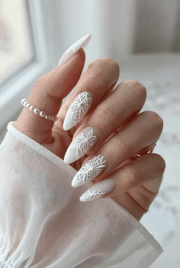 Matte Nude Geometric Lace Nails