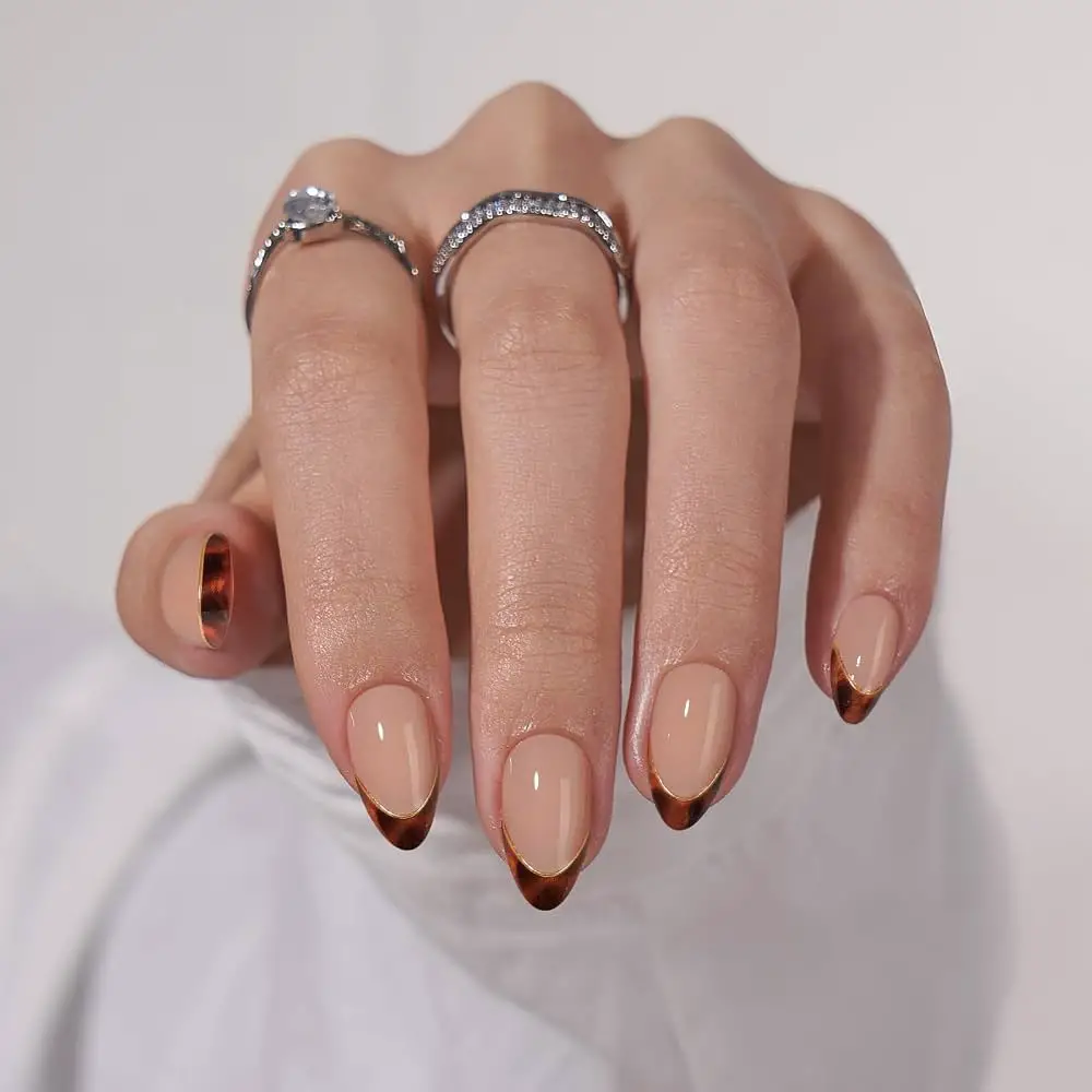 Nude Tortoiseshell French Tips Nude Tortoiseshell French Tips — Short Winter Almond Nails