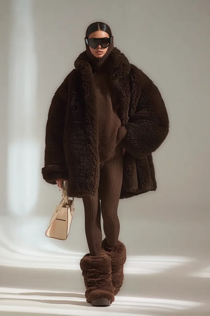 Dramatic Oversized Brown Furry Coat and Boots Dramatic Oversized Brown Furry Coat and Boots — Warm Winter Outfits