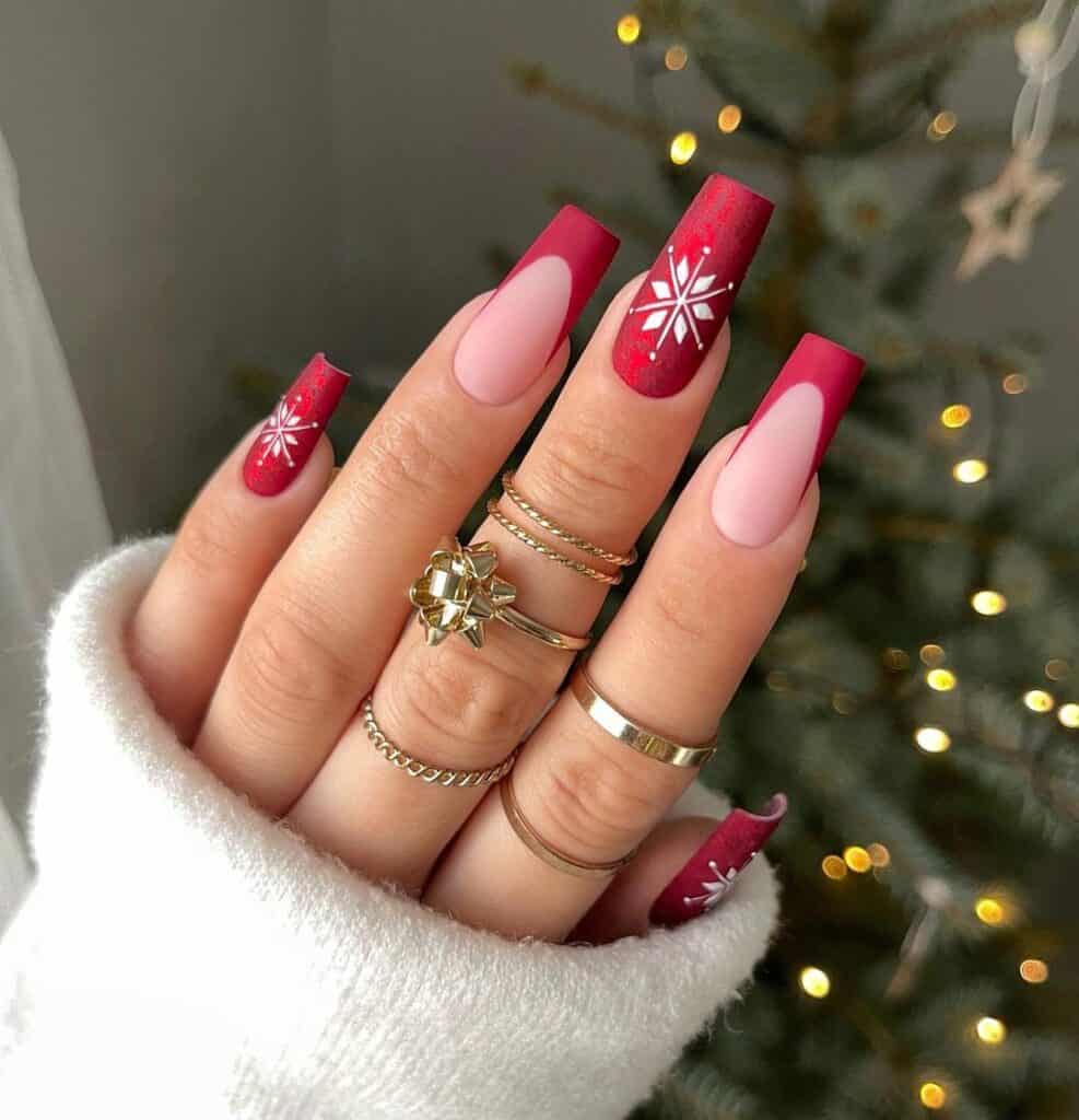 Matte Red Snowflake French Square Nails Matte Red Snowflake French Square Nails — Snowflake Nails
