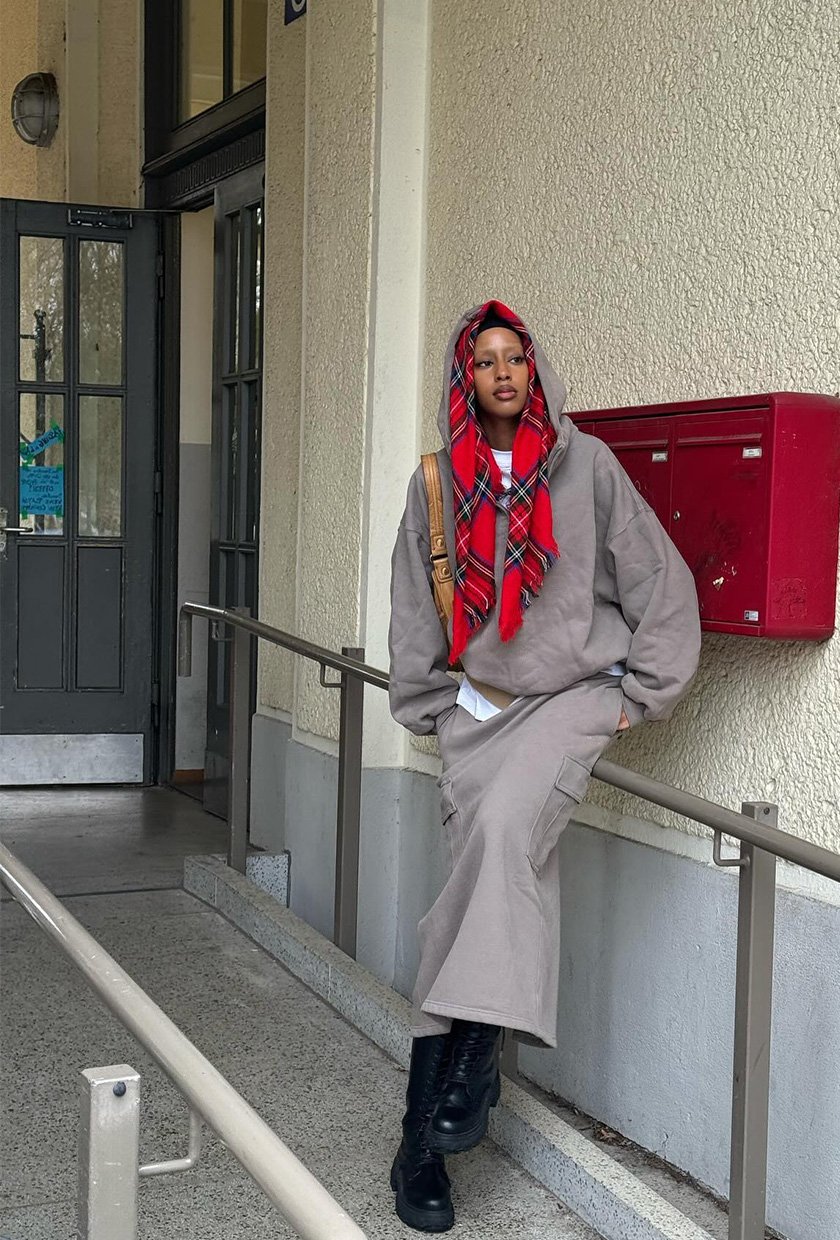 Cozy Layers: Grey Hoodie with Maxi Skirt and Plaid Scarf Cozy Layers: Grey Hoodie with Maxi Skirt and Plaid Scarf — Hoodie Outfits