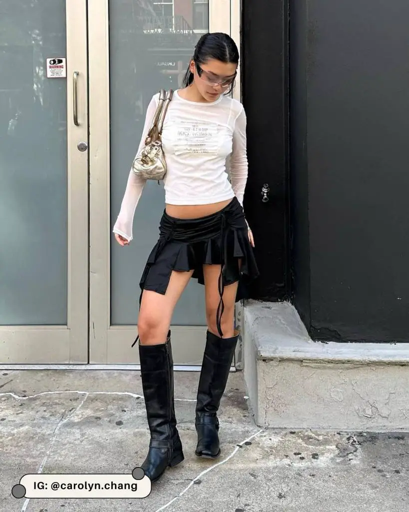 Ruffled Mini Skirt and Sheer Top with Knee-High Boots Ruffled Mini Skirt and Sheer Top with Knee-High Boots — Black Boots Outfits