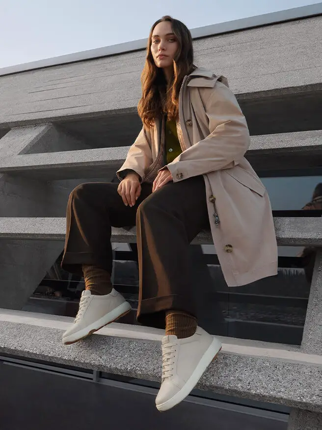 Beige Long Jacket with Green Knitwear and Wide-Leg Pants — Winter Jackets for Women