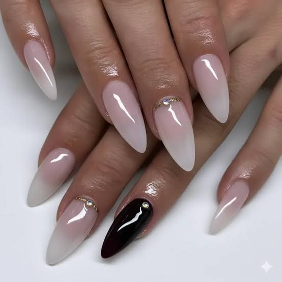 Nude to White Ombre with Rhinestone Accent Nude to White Ombre with Rhinestone Accent — Winter Almond Nails