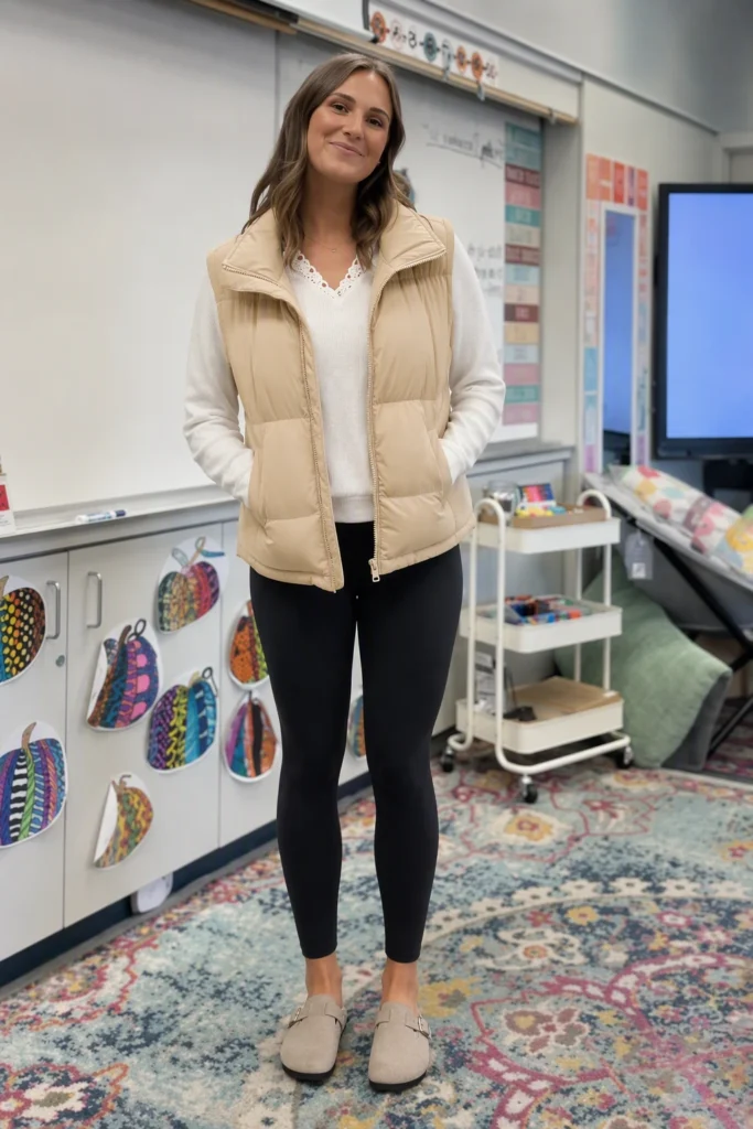 Beige Puffer Vest Over a White Top with Black Leggings Beige Puffer Vest Over a White Top with Black Leggings — Winter Teacher Outfits