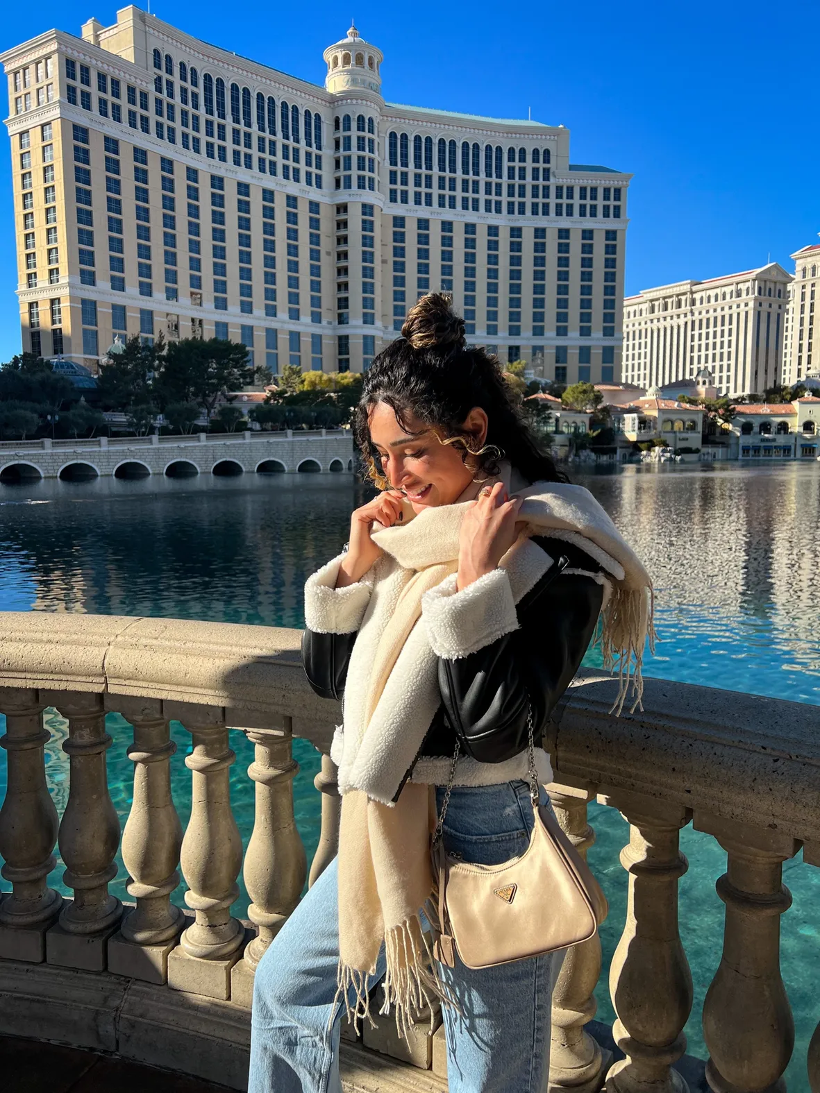 Shearling Trim Jacket and Knit Scarf for Casual Vegas Shearling Trim Jacket and Knit Scarf for Casual Vegas — Las Vegas Winter Outfits