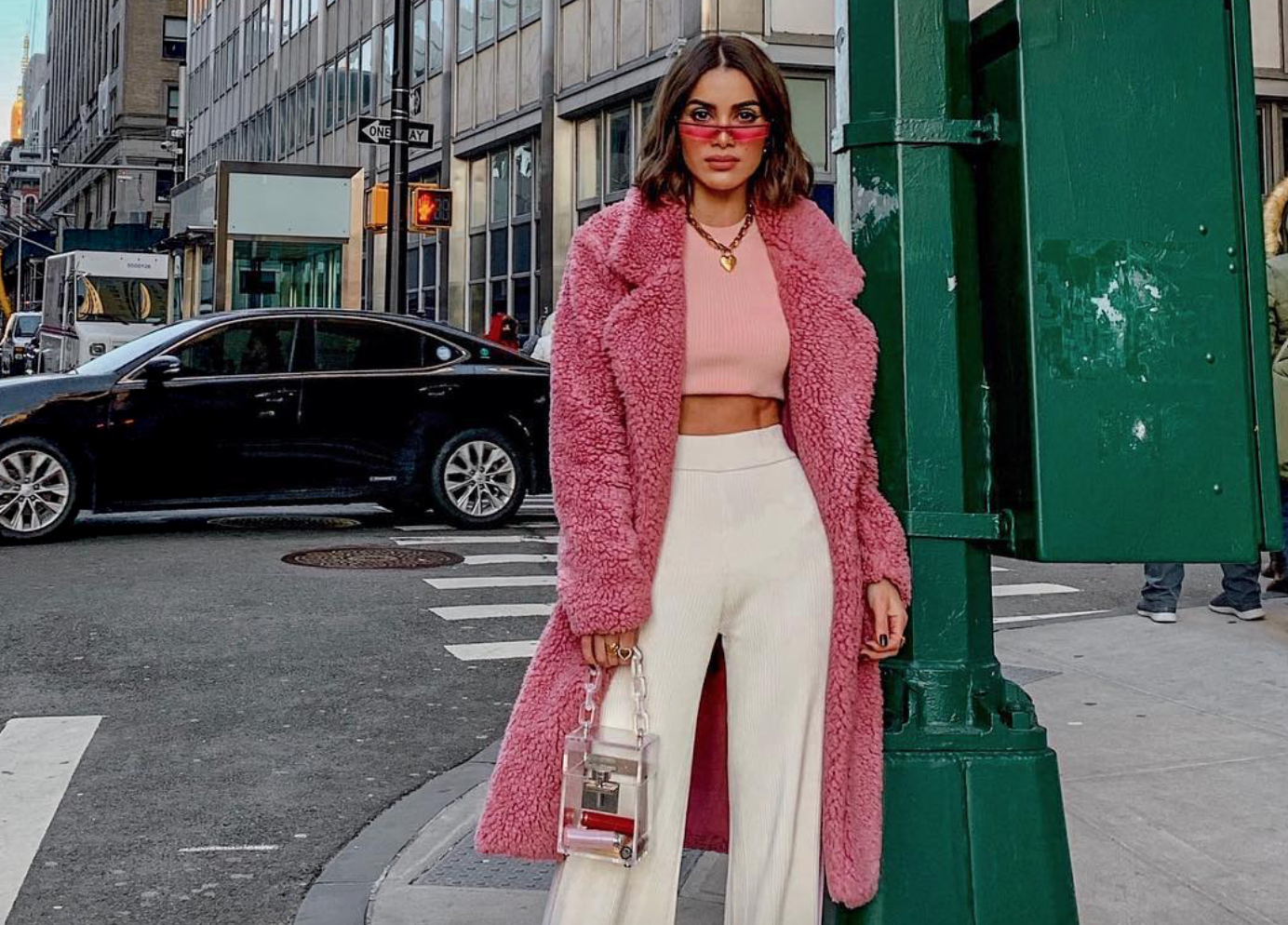 Fluffy Pink Teddy Coat Over Ribbed Crop Top and White Trousers — Colorful Winter Outfits