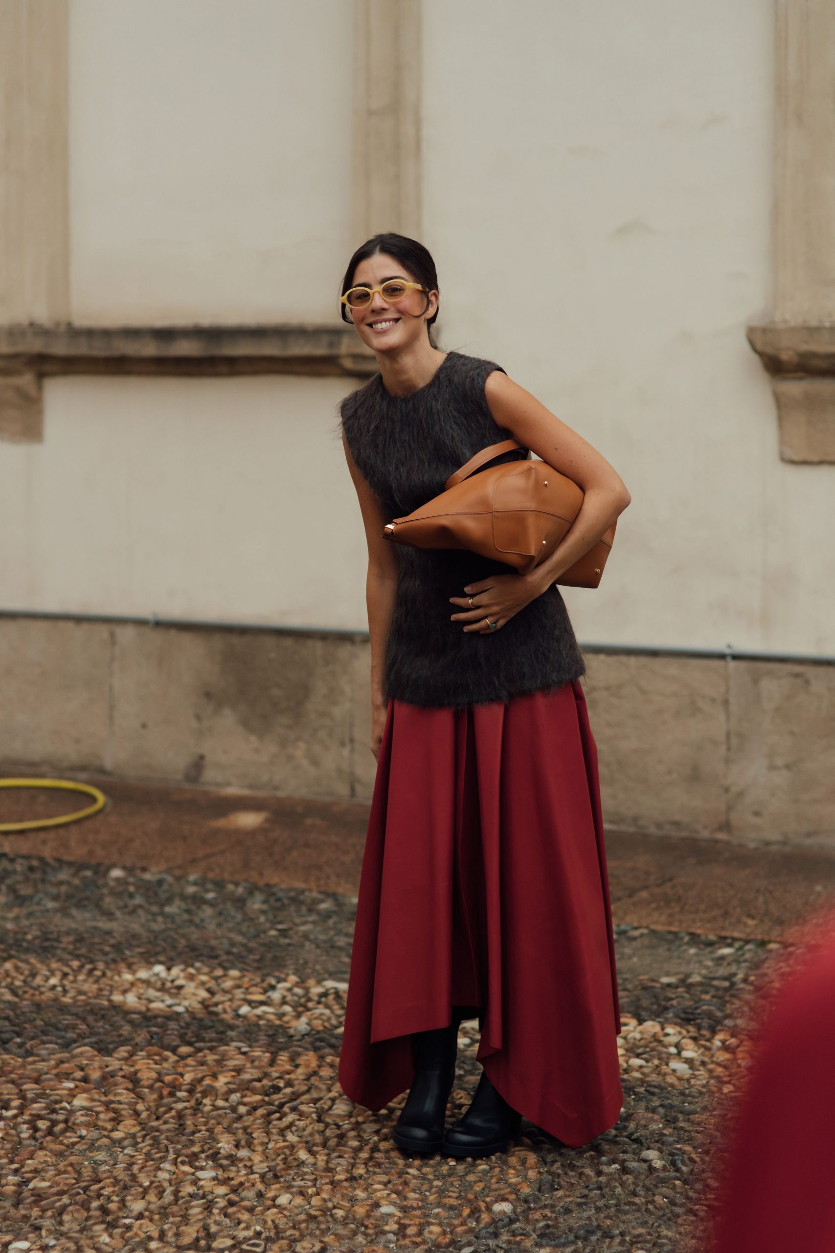 Red Voluminous Maxi Skirt with Grey Furry Vest and Black Boots Red Voluminous Maxi Skirt with Grey Furry Vest and Black Boots — Burgundy Outfits
