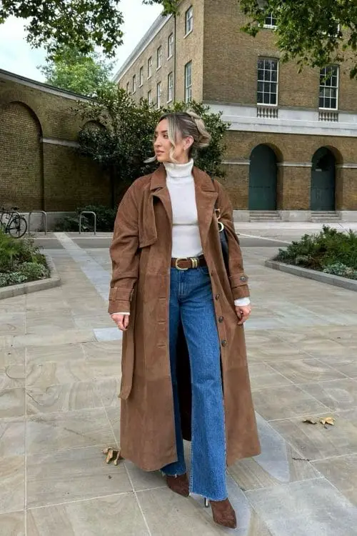 Elevated Casual: Suede Coat Meets Wide-Leg Denim — London Winter Outfits