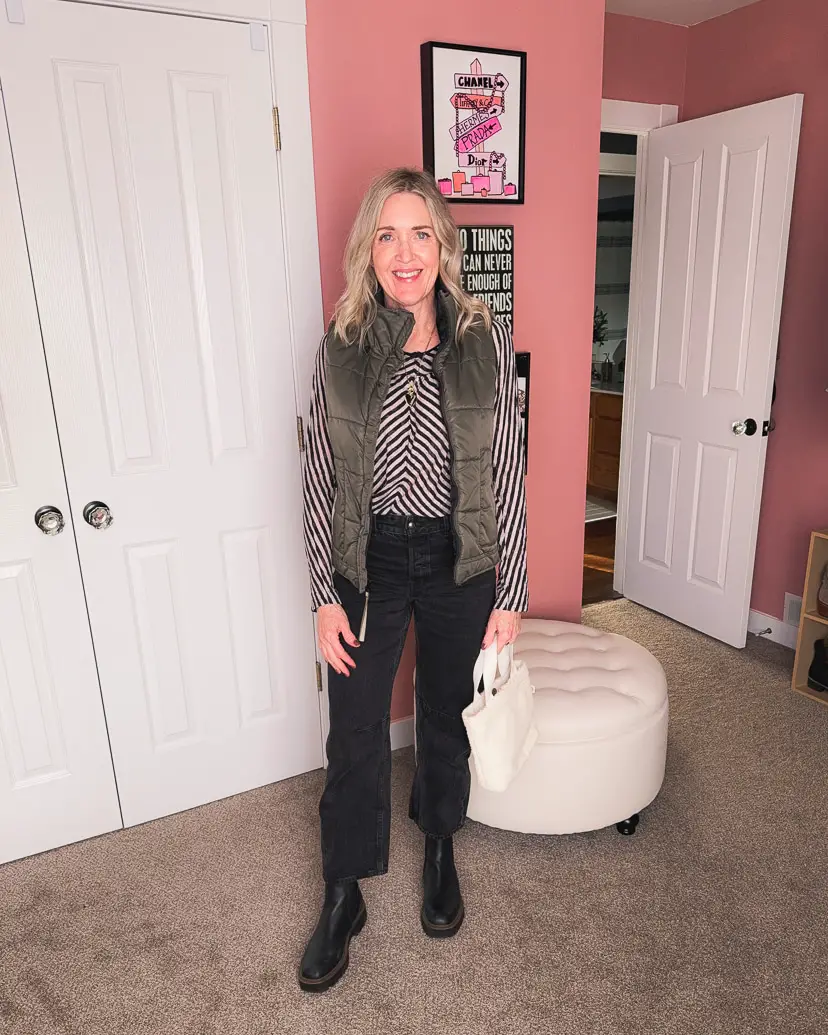 Puffer Vest and Striped Top with Ankle Boots Puffer Vest and Striped Top with Ankle Boots — Black Boots Outfits