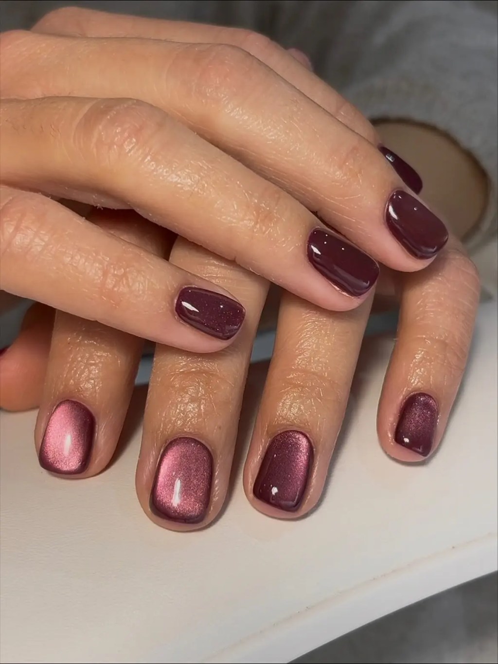 Short Square Burgundy Cat Eye Nails — Burgundy Nails