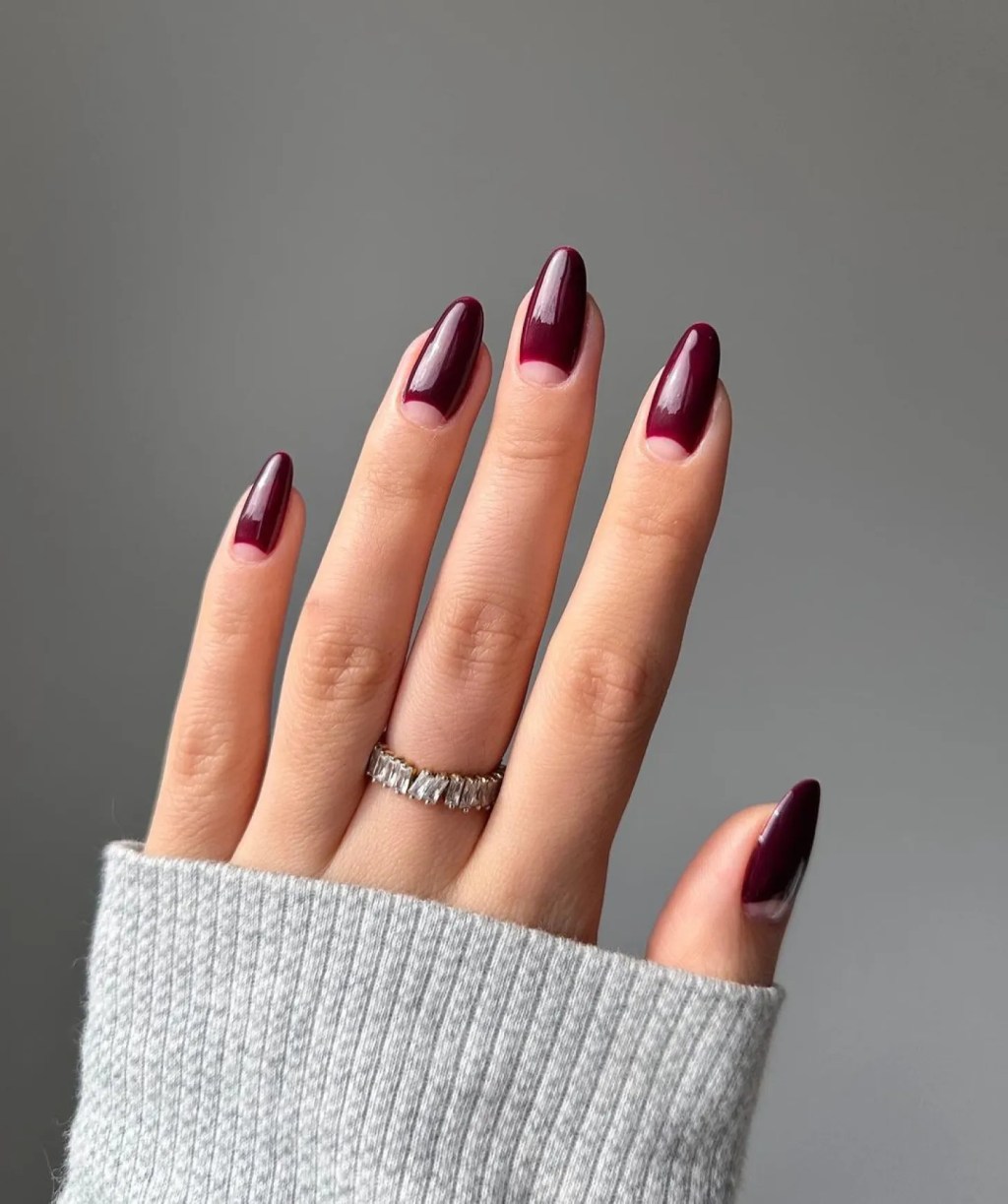 Sheer Pink Burgundy Crescent Sheer Pink Burgundy Crescent — Natural Winter Nails