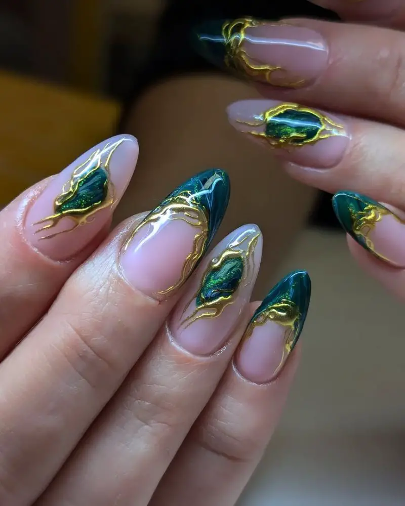Long Almond Emerald and Gold Jewel Nails Long Almond Emerald and Gold Jewel Nails — Emerald Green Nails