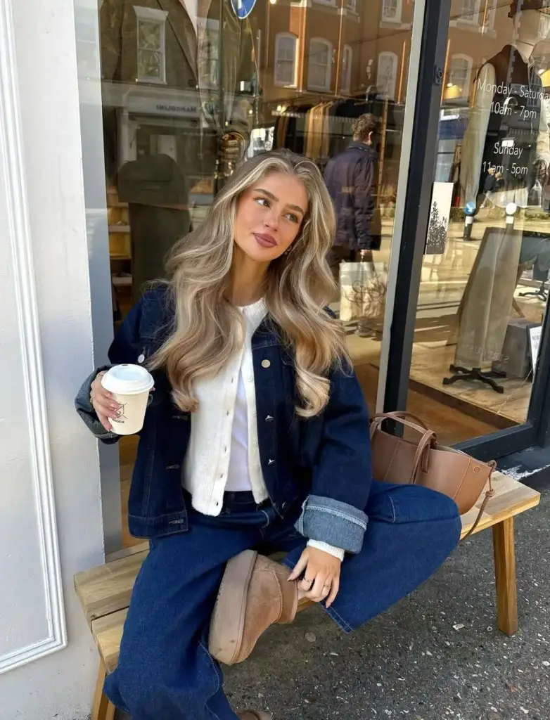 Denim Jacket Over White Cardigan with Wide-Leg Jeans Denim Jacket Over White Cardigan with Wide-Leg Jeans — Winter Layering Outfits