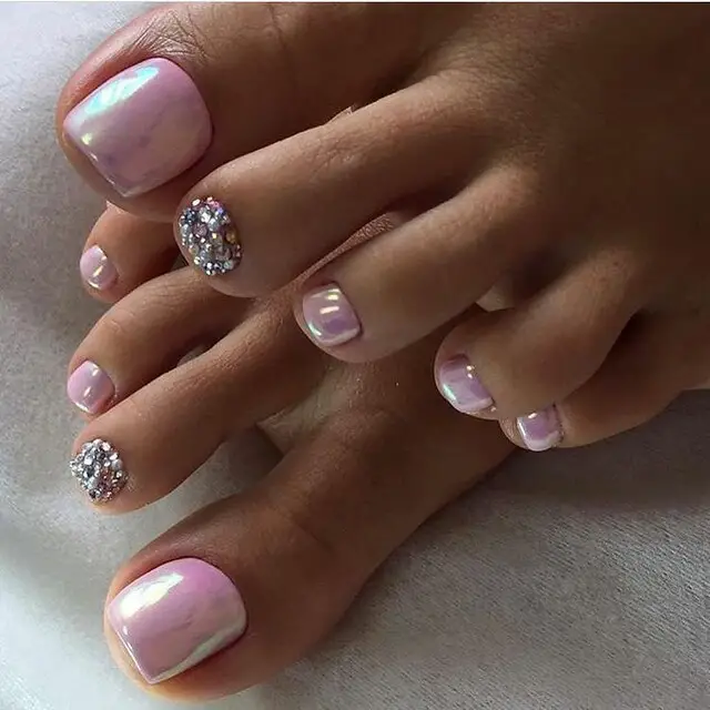 Pale Pink Shimmer with Rhinestones — Winter Pedicure Colors