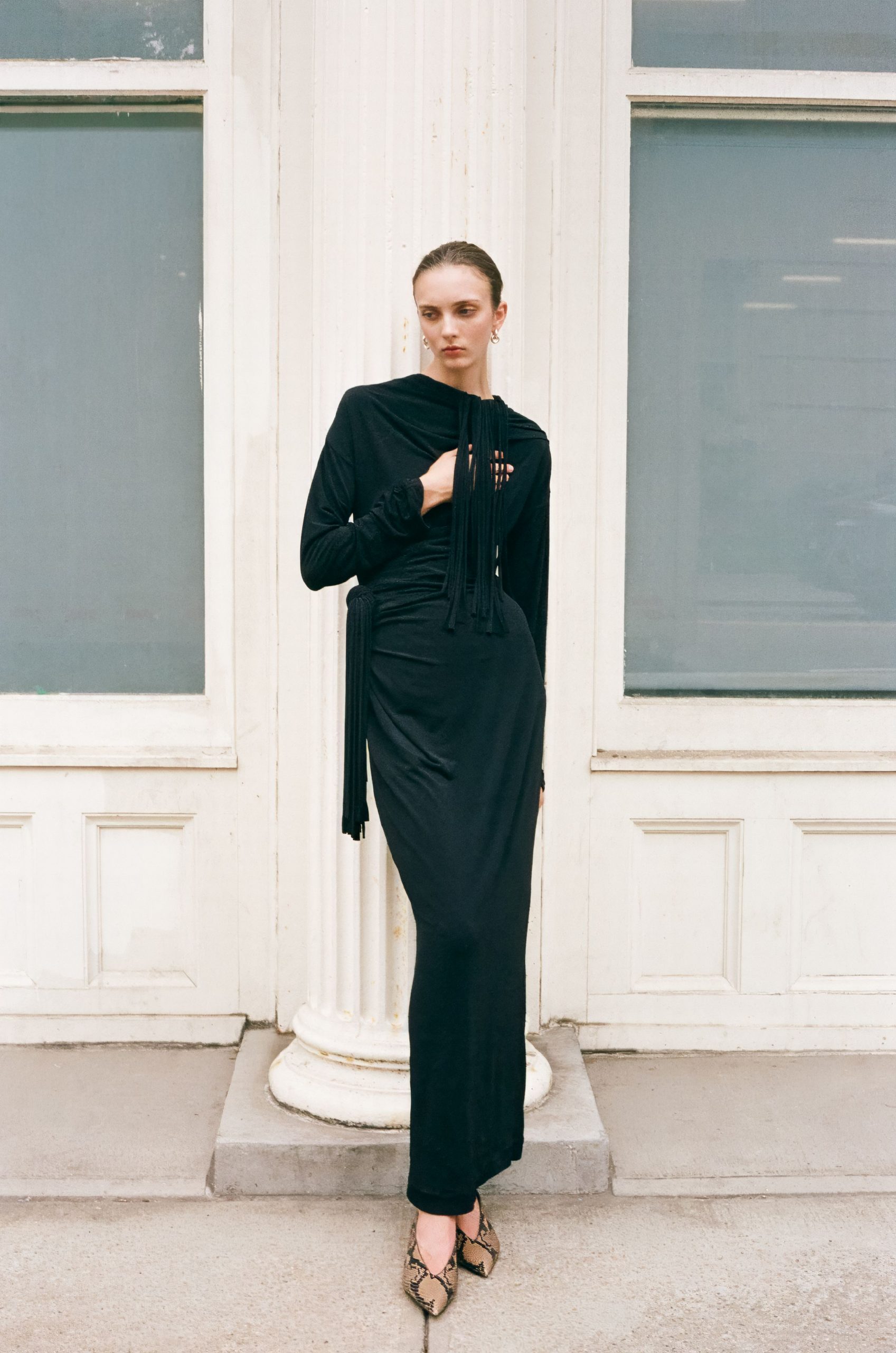 Sophisticated Evening: Black Jersey Dress with Fringed Detail Sophisticated Evening: Black Jersey Dress with Fringed Detail — Dressy Winter Outfits