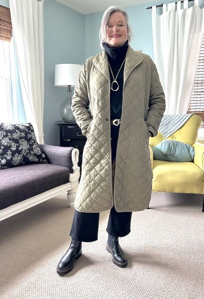 Olive Green Quilted Coat with Black Turtleneck and Wide-Leg Pants — Casual Winter Outfits for Women Over 50