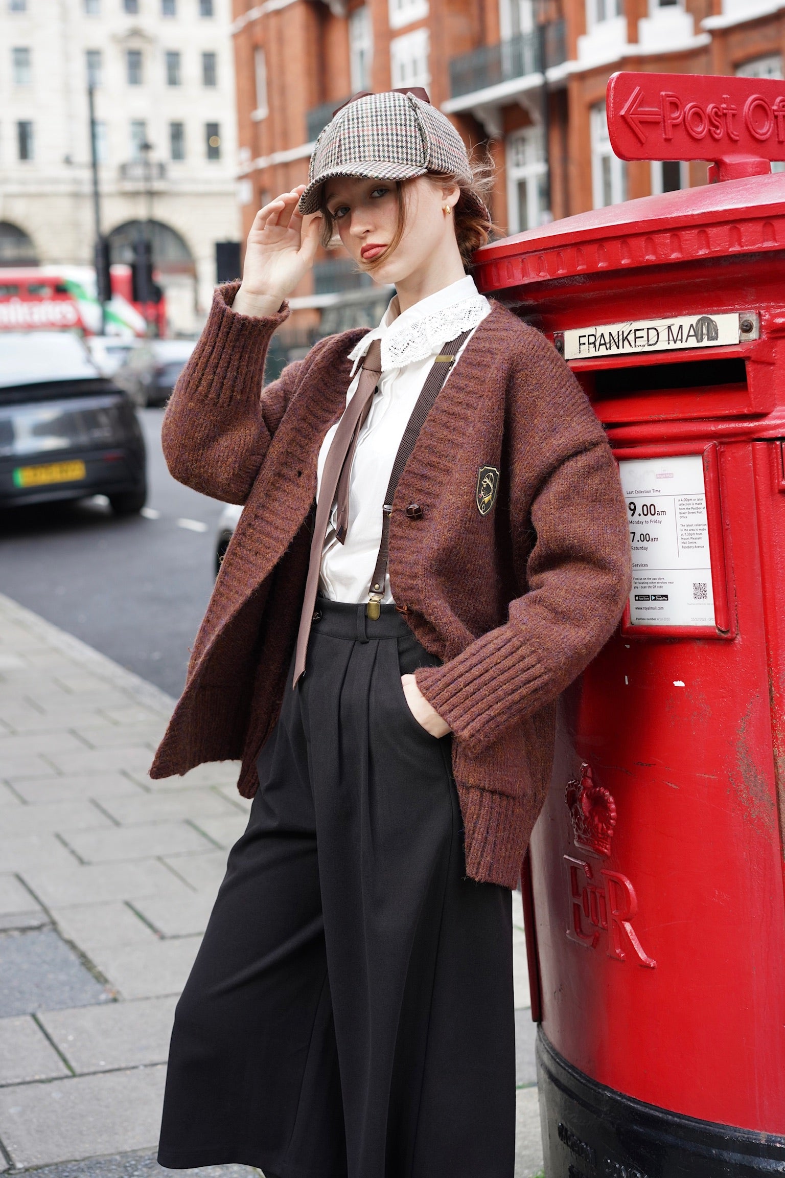 Cardigan and Suspenders with Wide-Leg Trousers — Dark Academia Winter Outfits