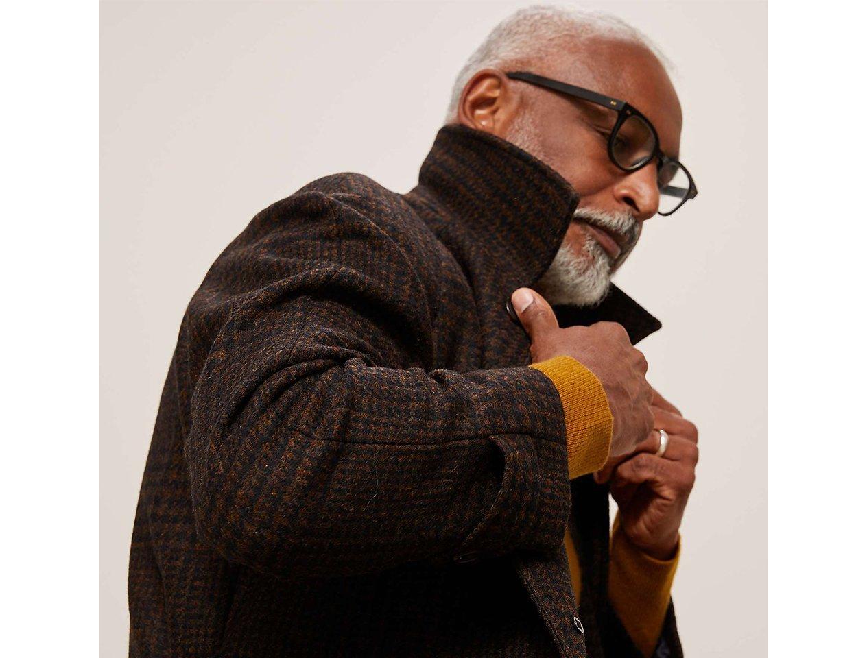Cozy Texture: Patterned Coat Over Bright Sweater Cozy Texture: Patterned Coat Over Bright Sweater — Winter Outfits for Men