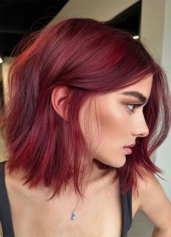 Textured Chin Lob In Mulled Wine Textured Chin Lob In Mulled Wine — Winter Hair Colors for Redheads