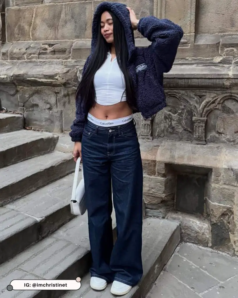 Textural Contrast: Navy Fuzzy Hoodie with Wide-Leg Jeans Textural Contrast: Navy Fuzzy Hoodie with Wide-Leg Jeans — Hoodie Outfits