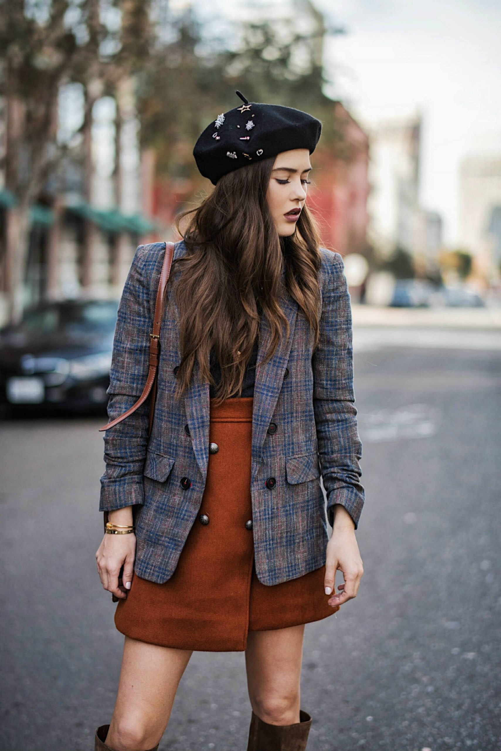 Black Beret with Plaid Blazer and Mini Skirt — Beret Outfits