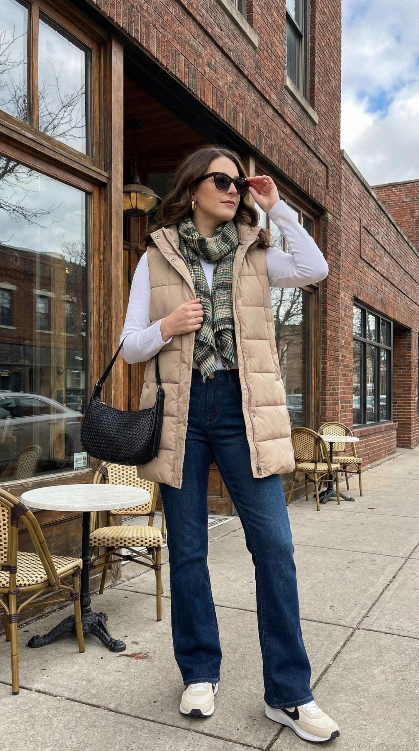 Beige Hooded Vest with Flared Jeans and Scarf Beige Hooded Vest with Flared Jeans and Scarf — Puffer Vest Outfits