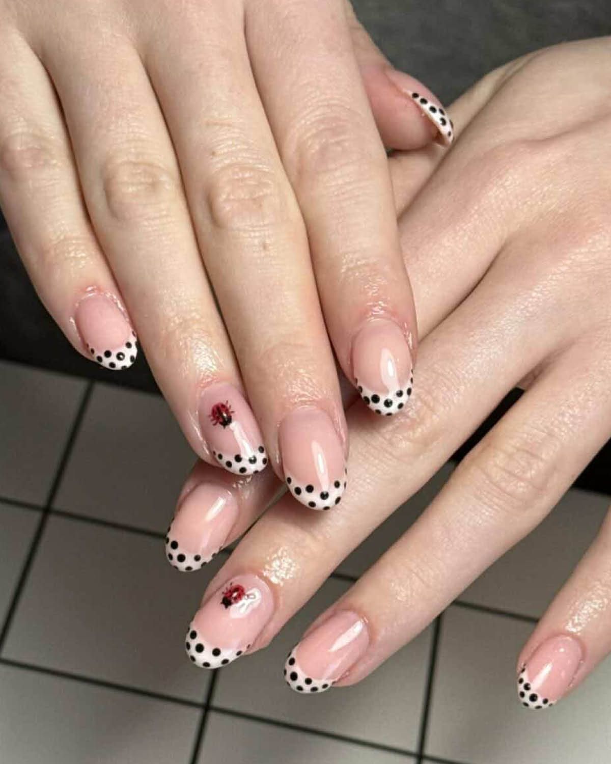 Medium Oval Black French with Ladybugs Medium Oval Black French with Ladybugs — French Nail Designs