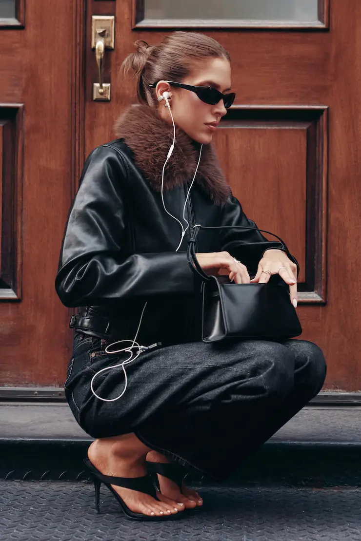 Faux Leather Jacket with Fur Collar and Wide-Leg Jeans — Fall to Winter Outfits